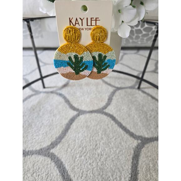 Kay Lee Yellow Beaded Circle Earrings New - Picture 4 of 4